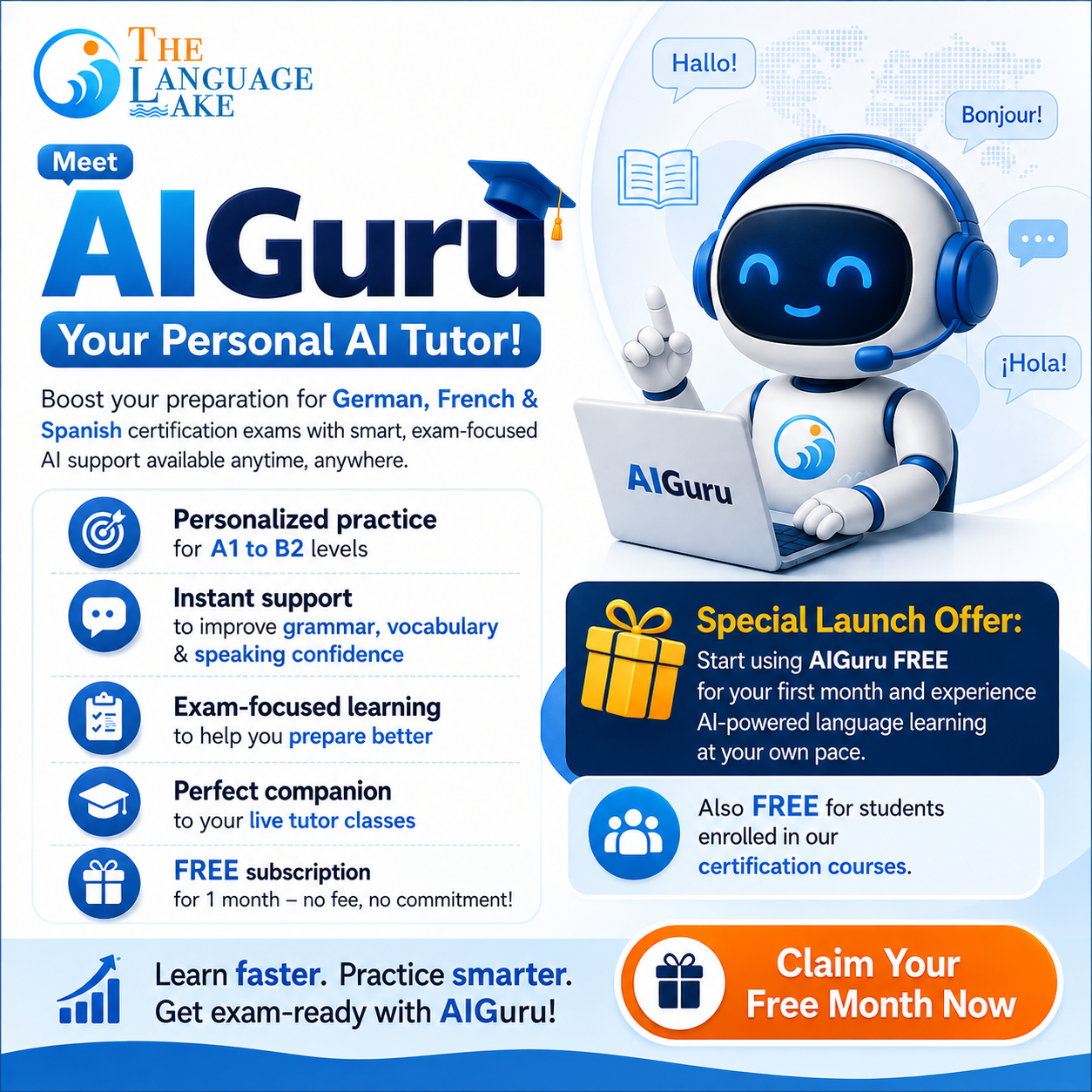 Meet AIGuru, your personal AI tutor for German, French and Spanish certification exams. Special launch offer: first month free. Claim your free month now.